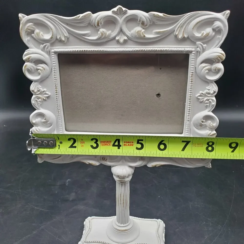 White Ornate Tabletop Picture Frame Pedestal Distressed 4x6 Horizontal